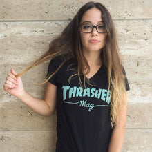 Load image into Gallery viewer, Thrasher Magazine Mag Logo V-neck T-shirt Girl Woman Skate Skateboarding Skateboard Clothing Wear Maroc Morocco Skateshop Shop Skatemarket
